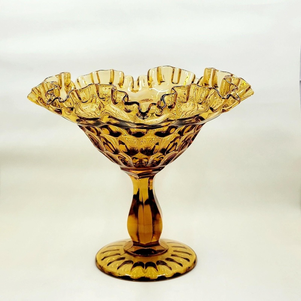 Vintage Fenton Amber Ruffle Edge Pedestal Glass Compote Candy Dish Thumbprint
